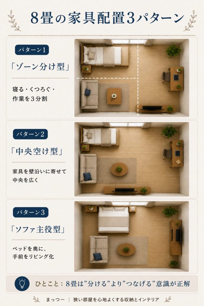 8畳ワンルームの家具配置3パターンの間取り図