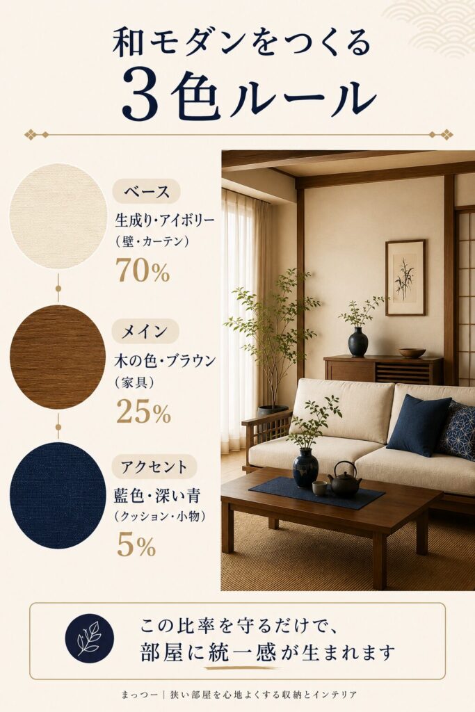 和モダンをつくる3色ルール 生成り70%木25%藍色5%