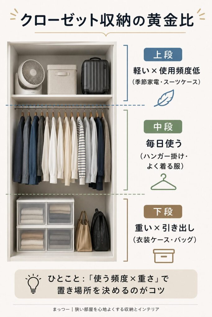 クローゼット収納の黄金比 上段中段下段の使い分け
