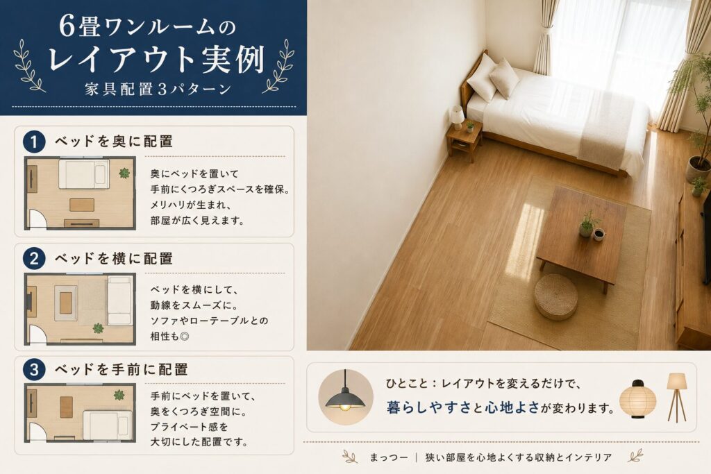 6畳ワンルームの家具配置3パターンの間取り図