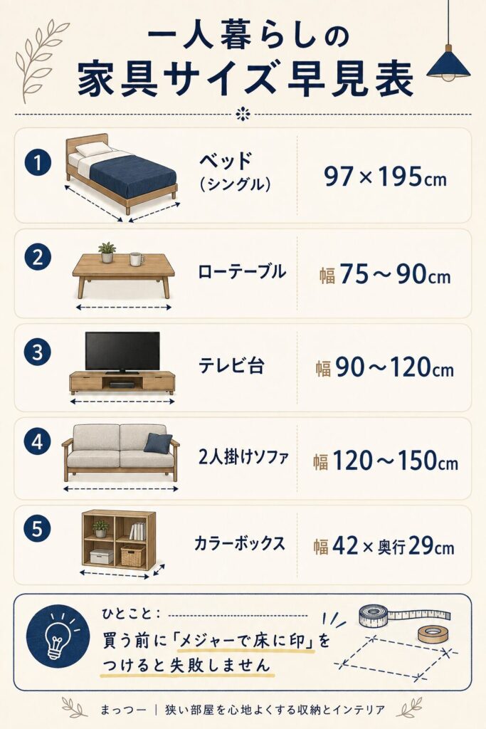 一人暮らしの家具サイズ早見表 6畳の目安
